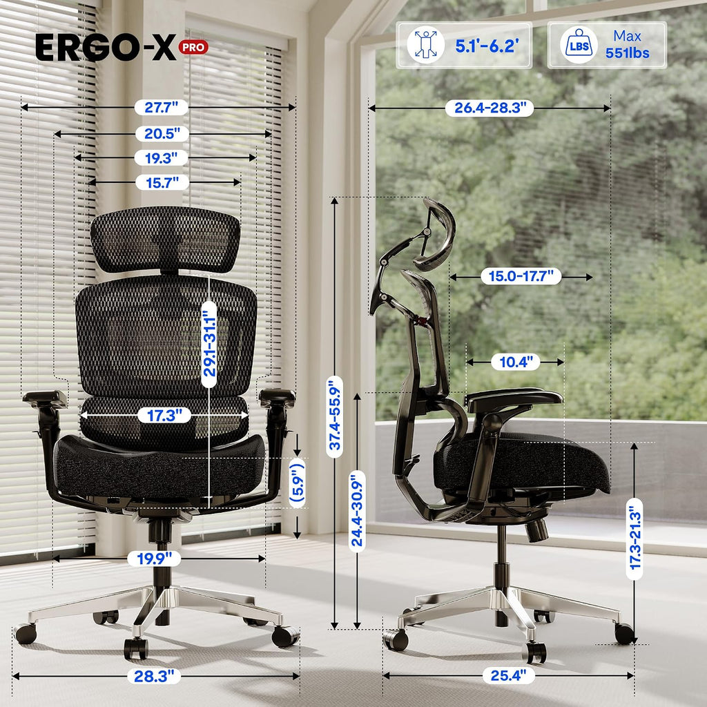 FLEXISPOT ErgoX-PRO Ergonomic Office Chair Black – Cloudtech Cushion, 5D Lumbar, 7D Armrests, 4D Headrest, 551LBS Capacity – Office, Gaming, Home