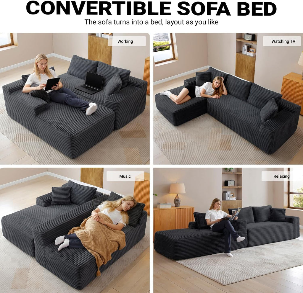 108 Inch Cloud Sectional Couch,Modern Modular Sectional Sofa with Deep Seat,Corduroy Boneless Couches with L-Shape Chaise for Living Room,No Assembly Required (Black, Left Facing Chaise)