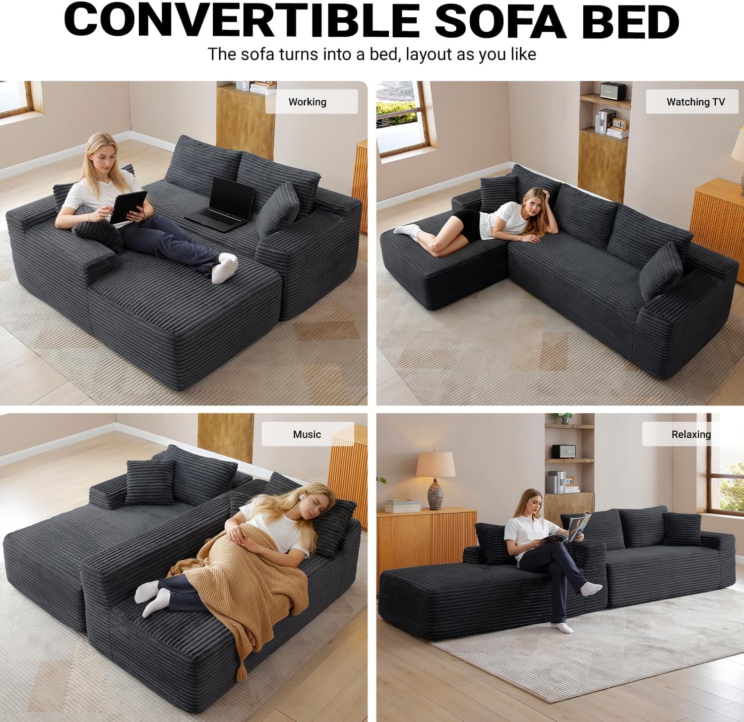 108 Inch Cloud Sectional Couch,Modern Modular Sectional Sofa with Deep Seat,Corduroy Boneless Couches with L-Shape Chaise for Living Room,No Assembly Required (Black, Left Facing Chaise)