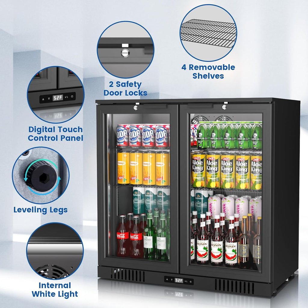 Back Bar Cooler with 2 Glass Doors, Under Counter Beverage Refrigerator, 7.3 Cu.Ft Commercial Display Bar Back Fridge Cooler for Beer & Soda