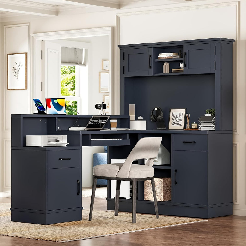 Bellemave L-Shaped Computer Desk with Power Outlet & Storage - Modern Corner Gaming Desk with Bookshelf and Drawers, Study Writing Workstation for Home Office, Blue