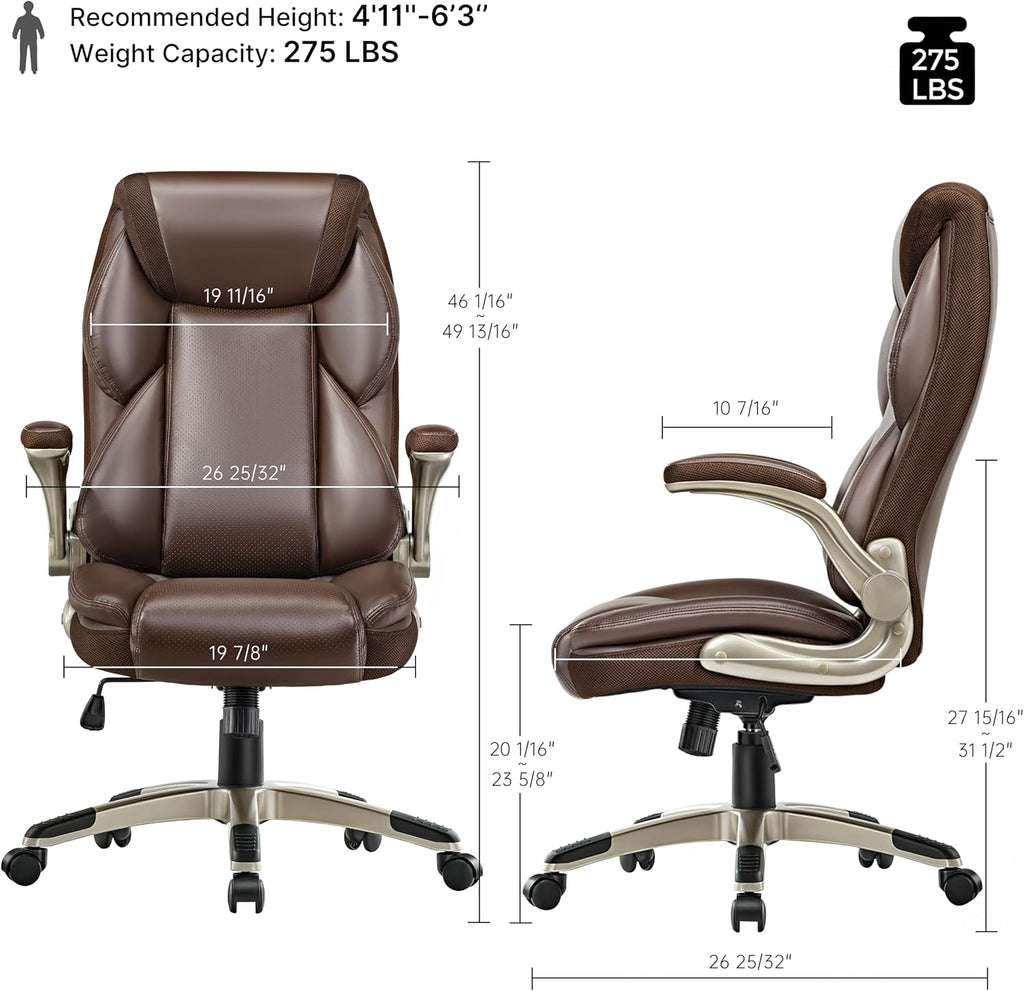 EUREKA ERGONOMIC Galene Executive Office Chair Flip Up Arm Rest, Ergonomic Desk Chair Faux Leather Computer Chair, High Back Office Chair with Headrest, Home Office Desk Chairs with Wheels, Brown