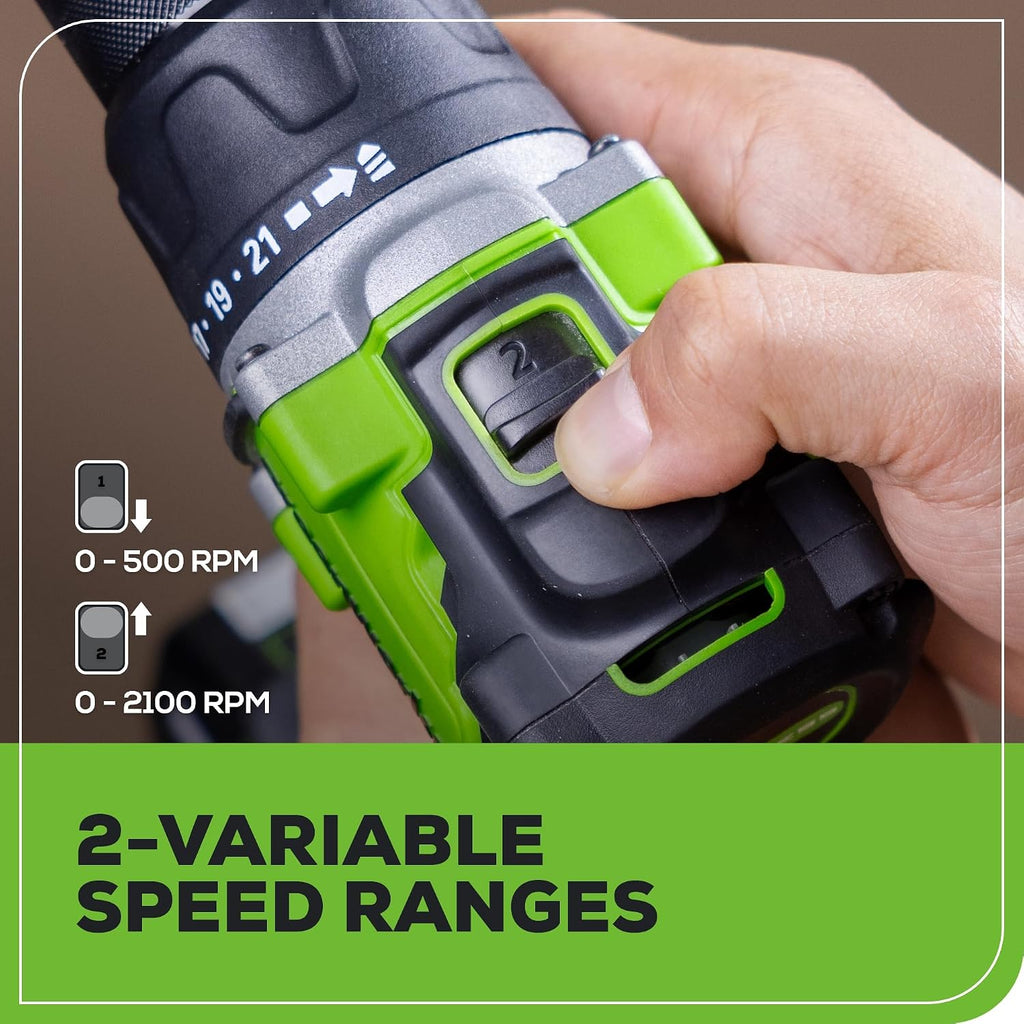 Greenworks 24V Brushless Cordless Compact 1/2 in. Drill/Driver Kit (Keyless Ratcheting Metal Chuck /530 in.-lbs. /21+1 Clutch Position/LED Light), 2×2Ah Battery and Fast Charger Included