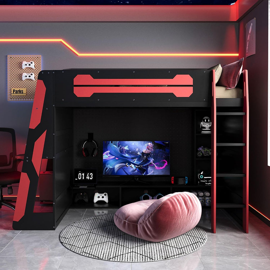 LUMISOL Twin Size Gaming Loft Bed with Desk, RGB LED Lights & Charging Stations, Wood Loft Bed Frame with Storage Bookshelves for Kids, Teens & Adults, Red + Black
