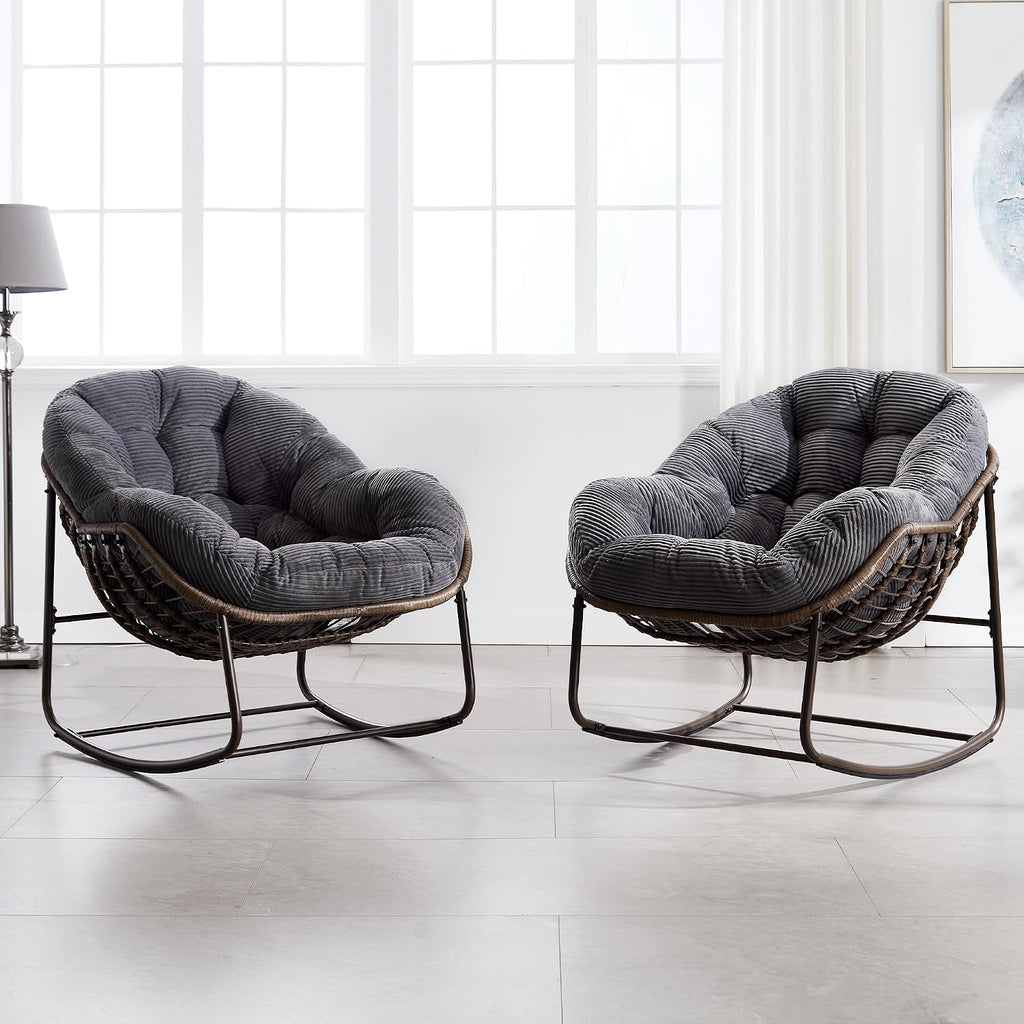 HOMEFUN Outdoor Patio Rocking Chairs Set of 2, Oversized Papasan Rock Chair Indoor with Striped Velvet Padded Cushion - Rocker Egg Seat for Front Porch, Garden, Patio, Backyard Grey