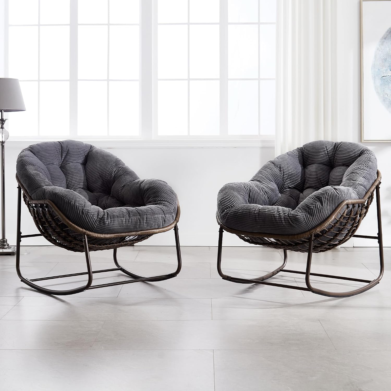 HOMEFUN Outdoor Patio Rocking Chairs Set of 2, Oversized Papasan Rock Chair Indoor with Striped Velvet Padded Cushion - Rocker Egg Seat for Front Porch, Garden, Patio, Backyard Grey