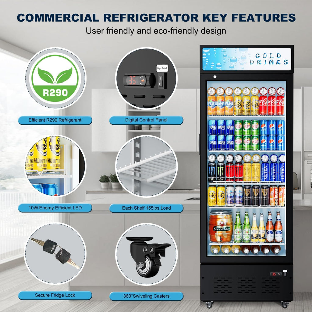 25.7'' W Commercial Refrigerators with Glass Door, 15 Cu.ft. Beverage Refrigerators Commercial Fridge Upright Display Cooler with Soft LED Light and Adjustable Shelves for Restaurant Stores