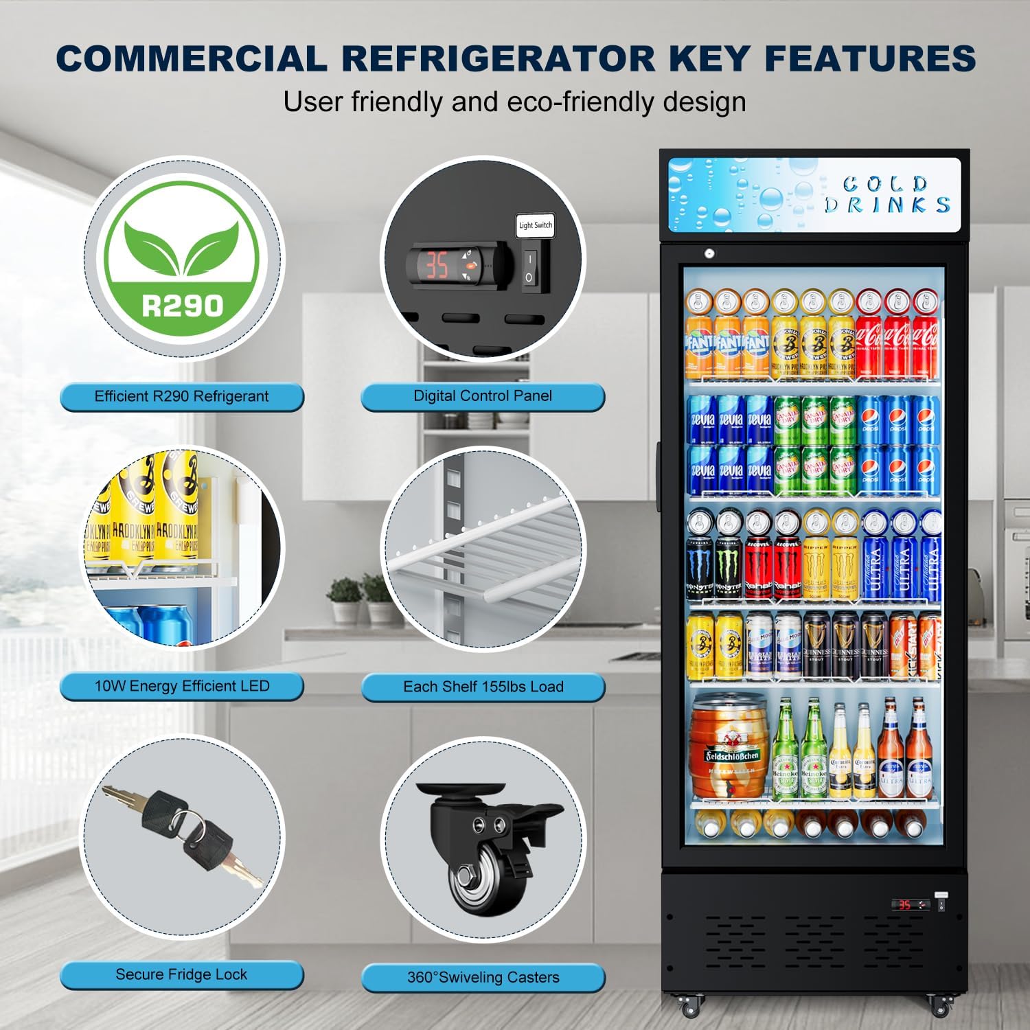 25.7'' W Commercial Refrigerators with Glass Door, 15 Cu.ft. Beverage Refrigerators Commercial Fridge Upright Display Cooler with Soft LED Light and Adjustable Shelves for Restaurant Stores