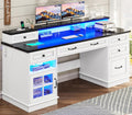 BTHFST Executive Desk with File Drawer, Computer Desk with Monitor Stand, Home Office Desk with Drawers & Storage Cabinet, Writing Desk with Charging Station & LED Lights, White