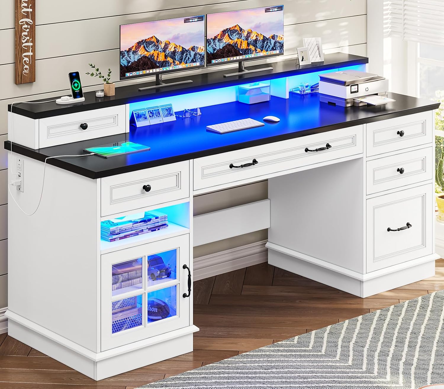 BTHFST Executive Desk with File Drawer, Computer Desk with Monitor Stand, Home Office Desk with Drawers & Storage Cabinet, Writing Desk with Charging Station & LED Lights, White