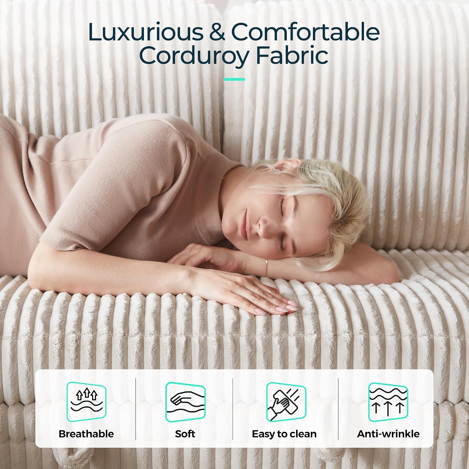 LINSY HOME Sectional Sleeper Sofa with Pull Out Couch Bed for Living Room (Beige) | Plush Corduroy, Storage Ottoman, Storage Chaise, Pull Out Couch, USB Charging