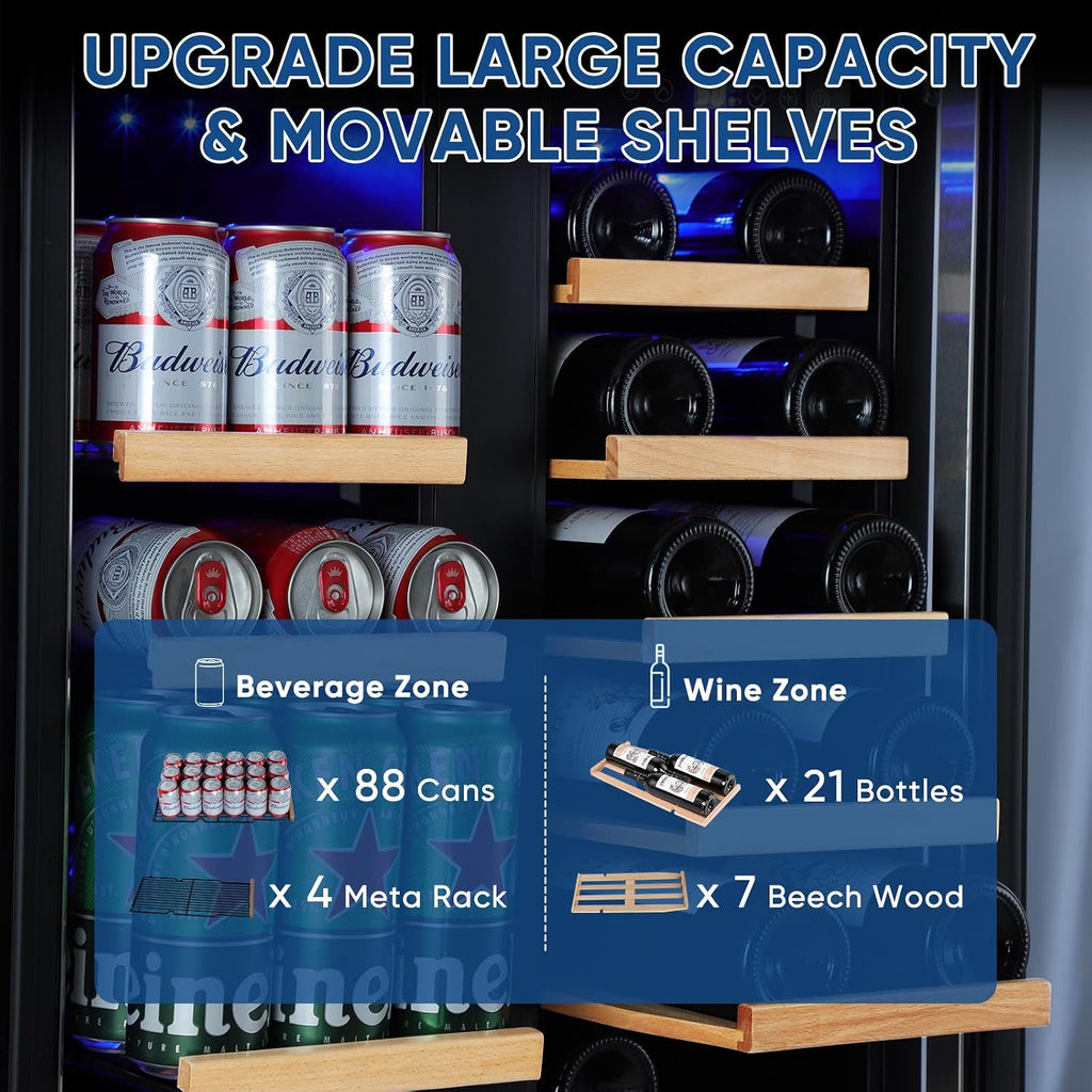 Wine and Beverage Refrigerator 24', Upgraded Dual Zone Wine Beverage Cooler with Glass Door and French Door, Large Capacity Beer Fridge Holds 21 Bottles & 88 Cans, Built-In or Freestanding - Black