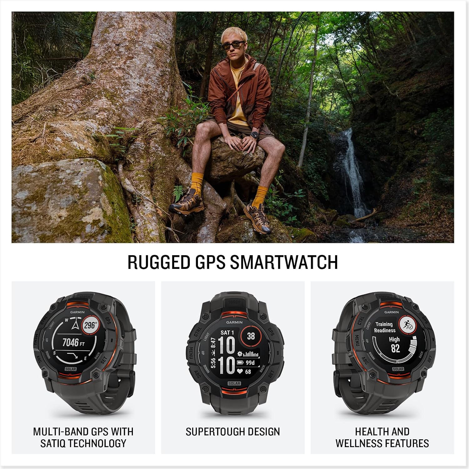 Garmin Instinct 3 Advanced GPS Adventure Watch, Black with Charcoal Band | 50mm Solar Charged Display | Wrist Based Heart Rate Monitor with Signature Stand Power Bundle