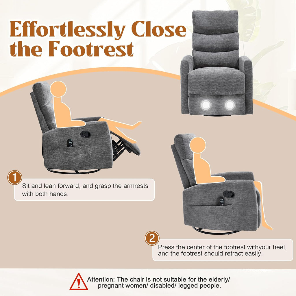 Luxlen Manual Swivel Rocker Recliner Chair with Massage, Overstuffed Recliner Glider with Vibration Massage and Heat for Nursery, Living Room Reclining Sofa Chair, Fabric Dark Gray