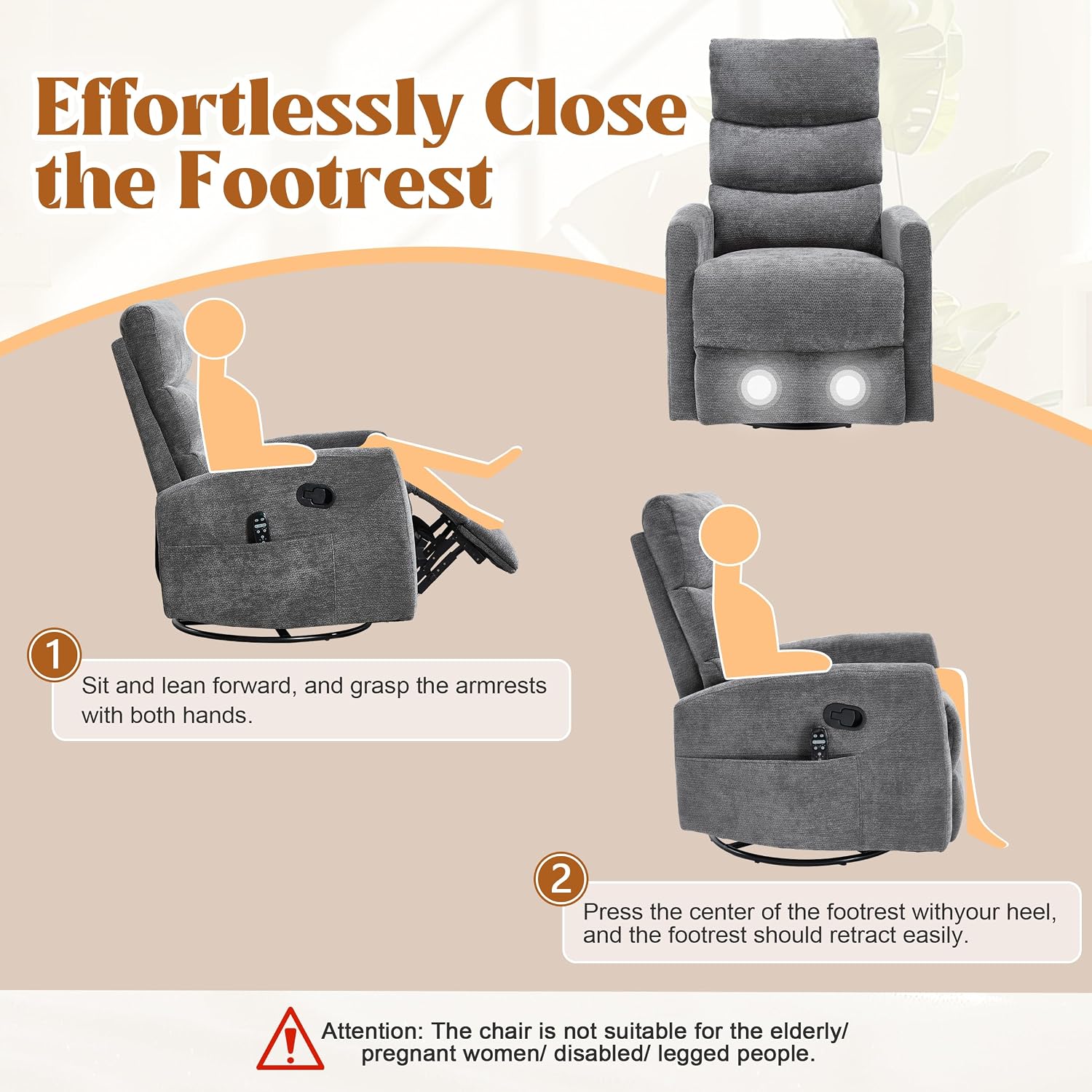 Luxlen Manual Swivel Rocker Recliner Chair with Massage, Overstuffed Recliner Glider with Vibration Massage and Heat for Nursery, Living Room Reclining Sofa Chair, Fabric Dark Gray