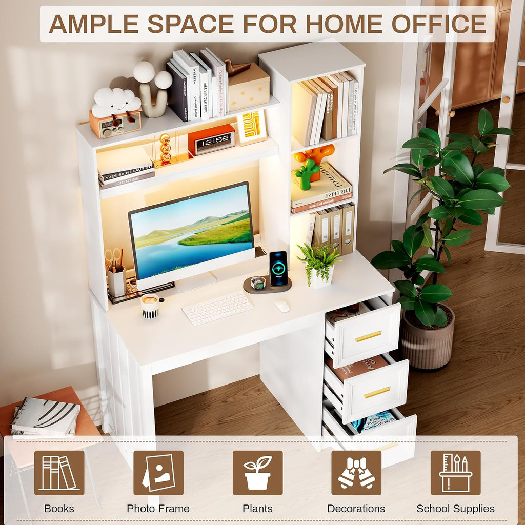LVSOMT 40' Home Office Desk with Hutch and Drawers, Computer Desk with Power Outlets and LED Light, Study Writing Gaming Table with Storage Shelves, Workstation for Bedroom, White