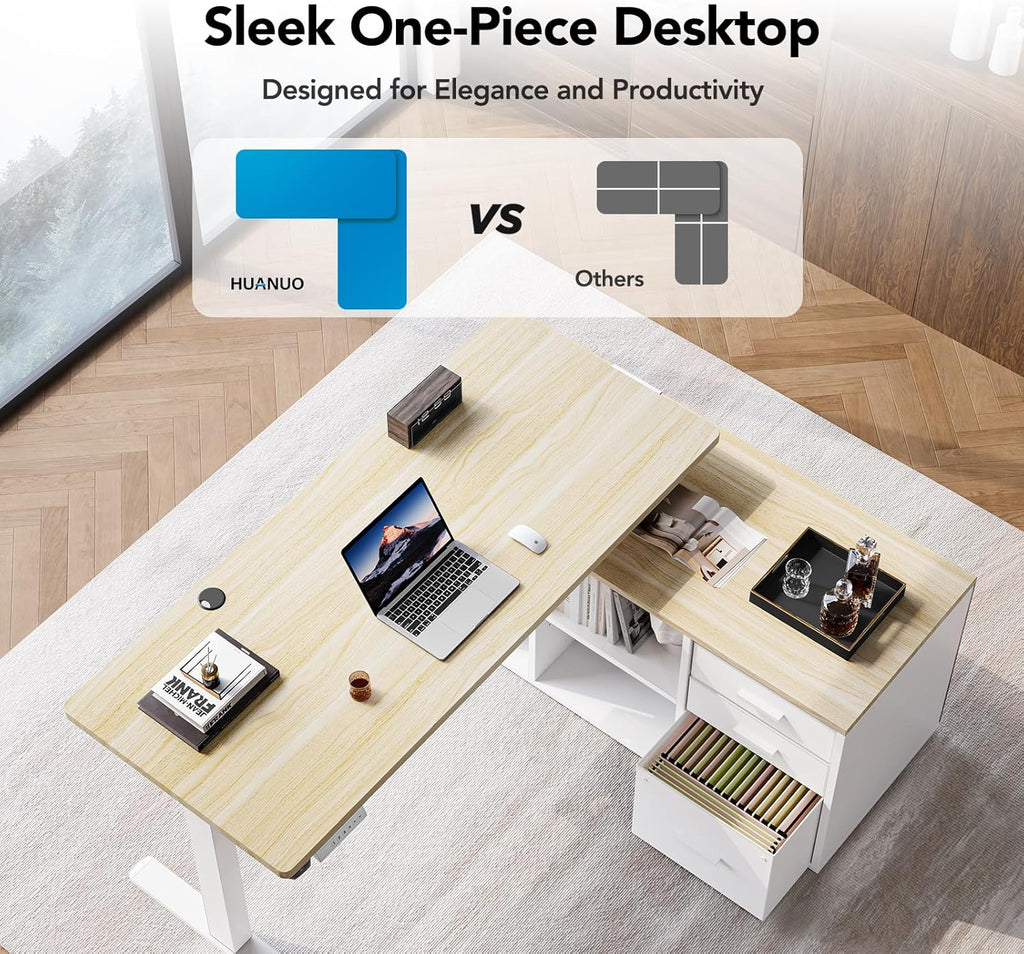 HUANUO L Shaped Standing Desk, Electric Executive Desk with Drawers, Adjustable Height Stand Up Desk, 55″ x 23.6″ One-Whole Piece Desktop, Computer Desk with 4 Memory Presets, Light Walnut