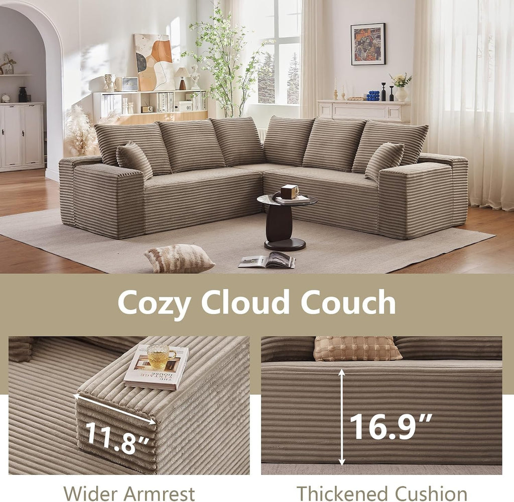 Sectional Cloud Couch for Living Room, Modern Modular Floor Deep-Seat Sofa, Upholstered L Shaped Sofas, Big Comfy Corduroy Couches Set for Living Room Bedroom, No Assembly Required, Camel