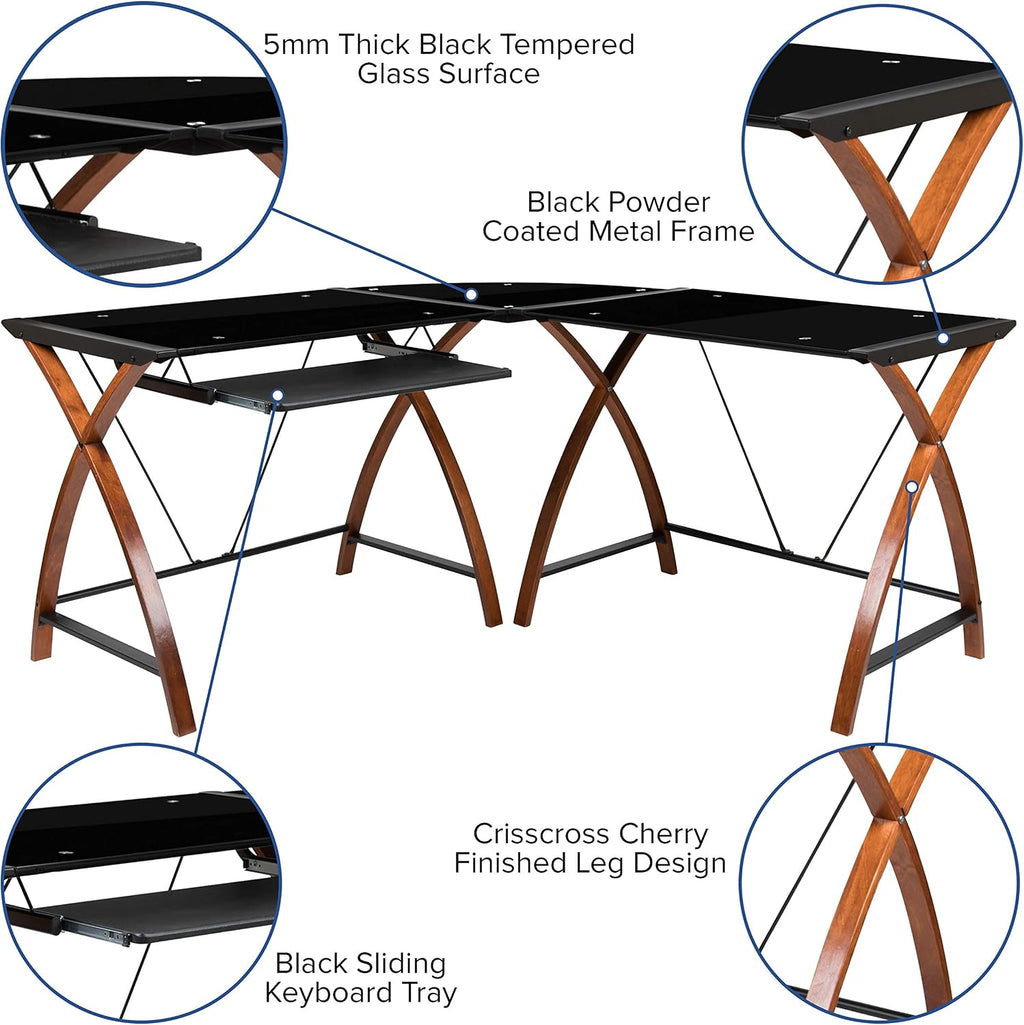 EMMA + OLIVER Black Glass L-Shape Corner Computer Desk with Pull-Out Keyboard Tray