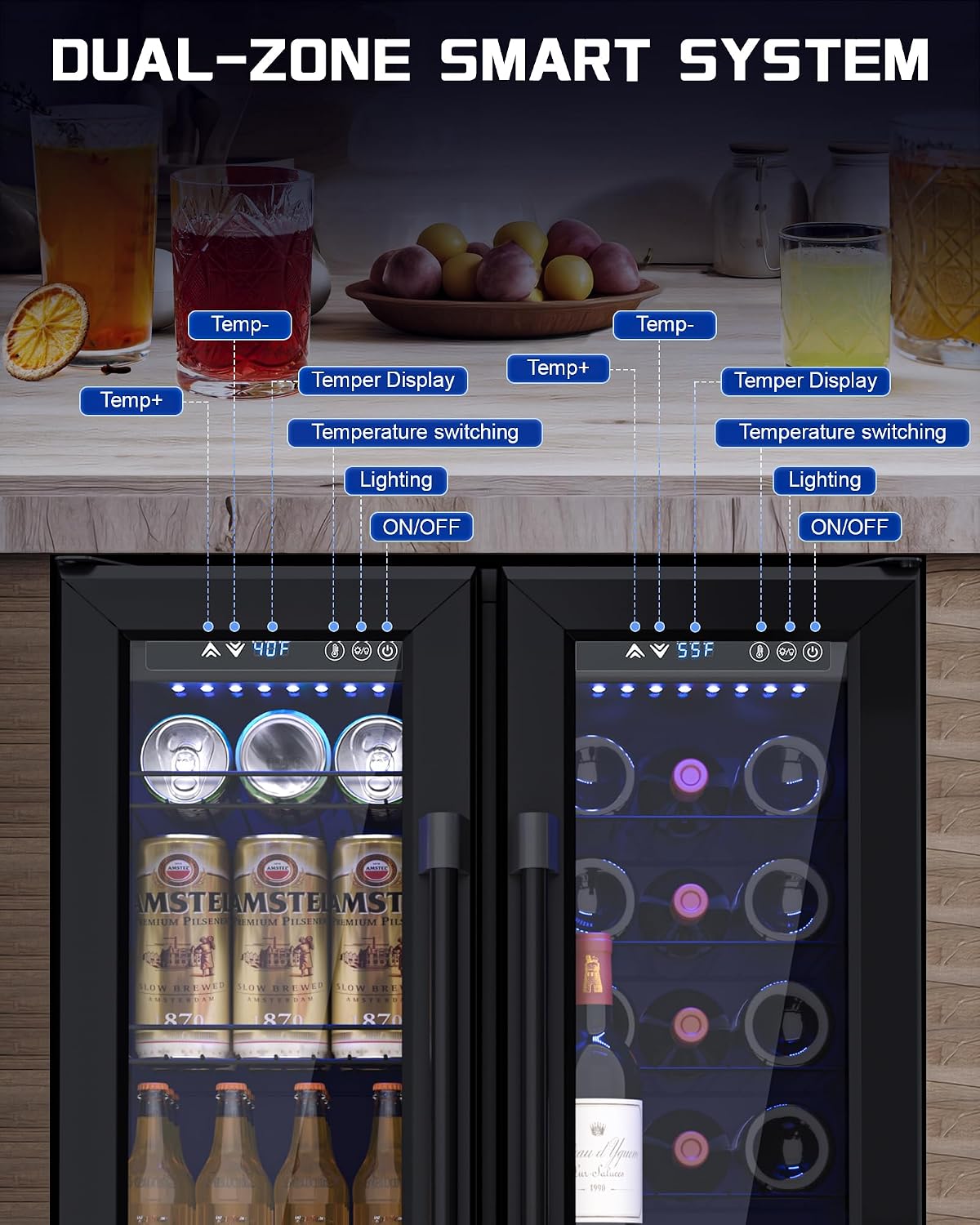 French Door Beverage Refrigerator, 24 Inch Dual Zone Built-in Fridge with Glass Door – Holds 160 Cans and 20 Wine Bottles, Beverage Cooler – Ideal for Kitchen, Bar, or Living Room