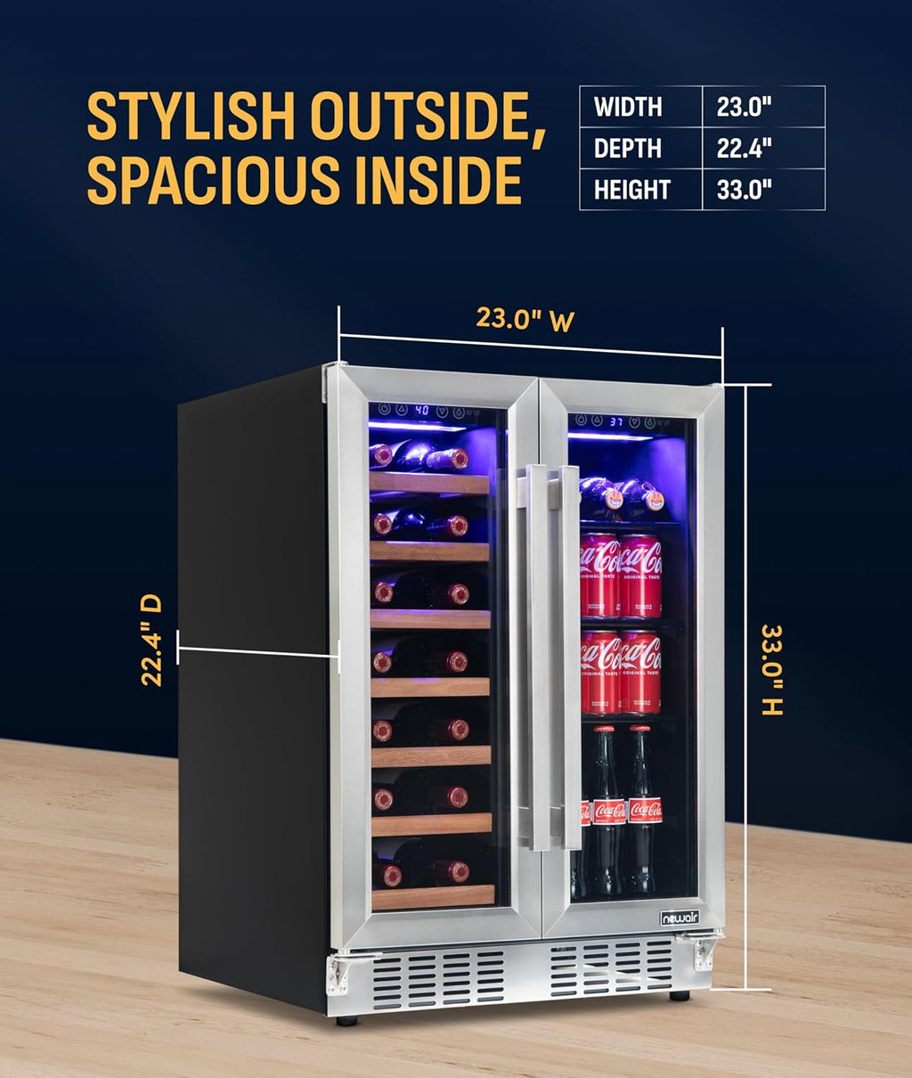 NewAir 24' Dual Zone Beverage Refrigerator & Wine Cooler for 20 Bottles & 78 Cans | Freestanding or Built-In Under Counter Mini Fridge for Beer, Wine and Soda | Stainless Steel