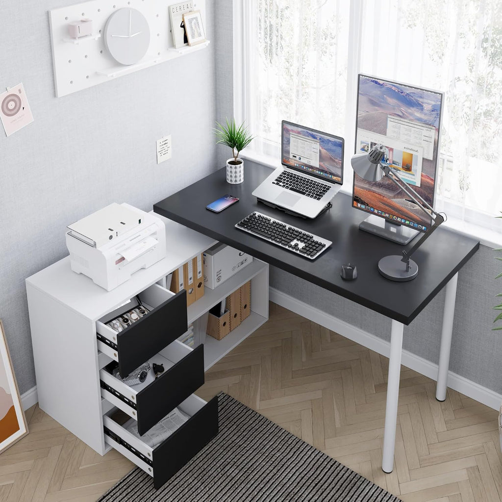 Home Office Computer Desk Corner Desk with 3 Black Drawers and 2 Shelves, 53-inch L-Shaped Study Desk with Storage, White + Black