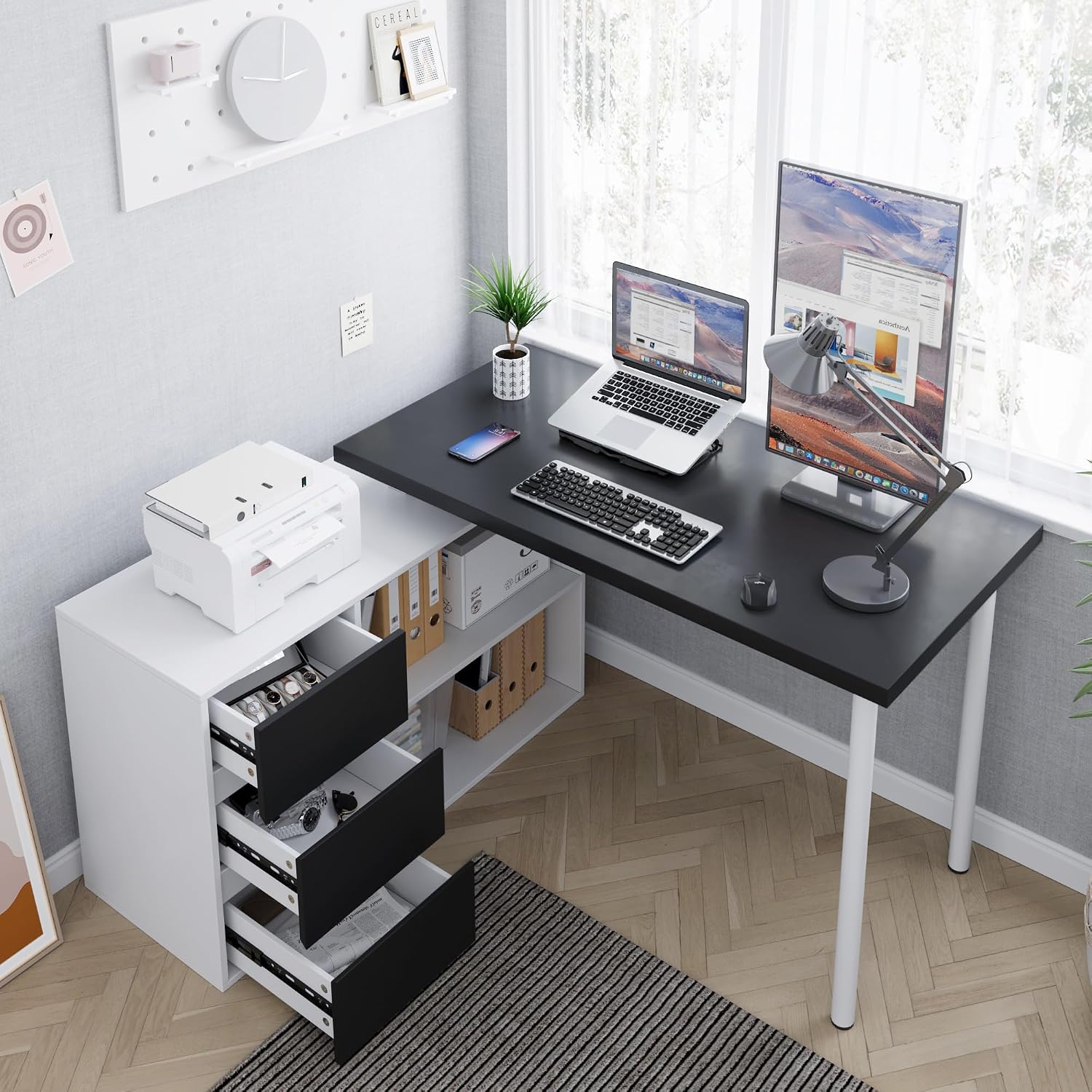 Home Office Computer Desk Corner Desk with 3 Black Drawers and 2 Shelves, 53-inch L-Shaped Study Desk with Storage, White + Black
