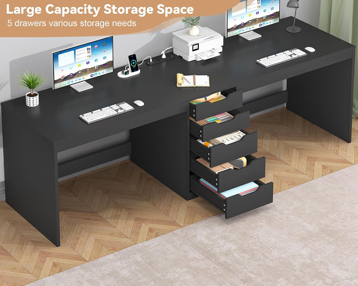 YOMILUVE 2 Person Desk with 5 Drawers and Power Outlets, 78.7 Inch Long Computer Desk with Storage File Cabinet, Two Person Home Office Double Desk with Storage, Black