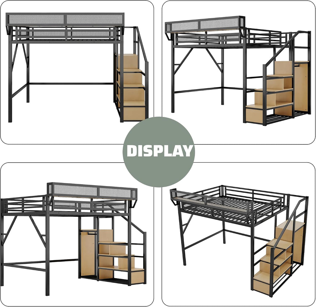 Queen Size Loft Bed Frame for Adults,Metal Lofts Bed Queen with Stairs & Storage Shelves, Heavy Duty High LoftBed with Wardrobe for Teens,Girls Boys, No Box Spring Needed, No Noise, Black