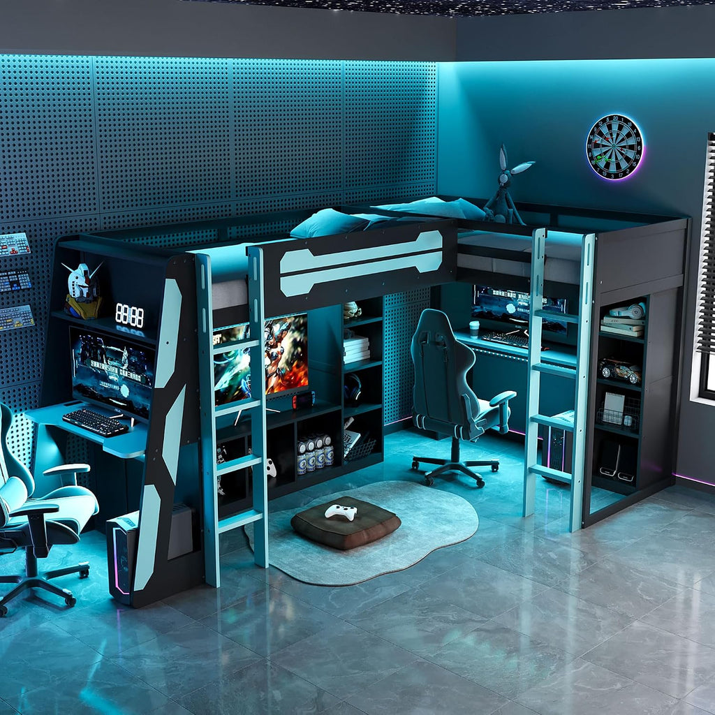 Merax L-Shaped Wooden Gaming Bed Frame with RGB LED Lights, Dual Twin Beds, USB Ports, TV Stand & Storage Shelves, Reversible Layout, Space-Saving Wood Loft Bed for Teens & Adults, Twin Size, Blue