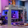 VilroCaz Modern Twin Size Gaming Loft Bed with Desk and Multi-Storage Shelves, Wood Loft Bed Frame with Workstation and a Hanging Clothes Rack, Maximize Space Saving (Twin)