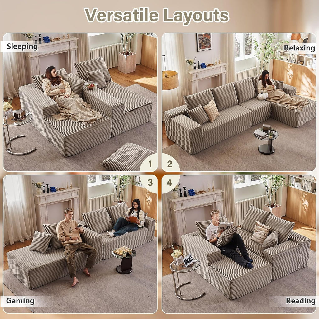 135' Cloud Sectional Couch with L-Shape Chaise, Modern Modular Comfy Sofa Chaise Longue, Upholstered Corduroy Couches Sleeper with Deep Seat for Living Room Bedroom, No Assembly Required, Camel