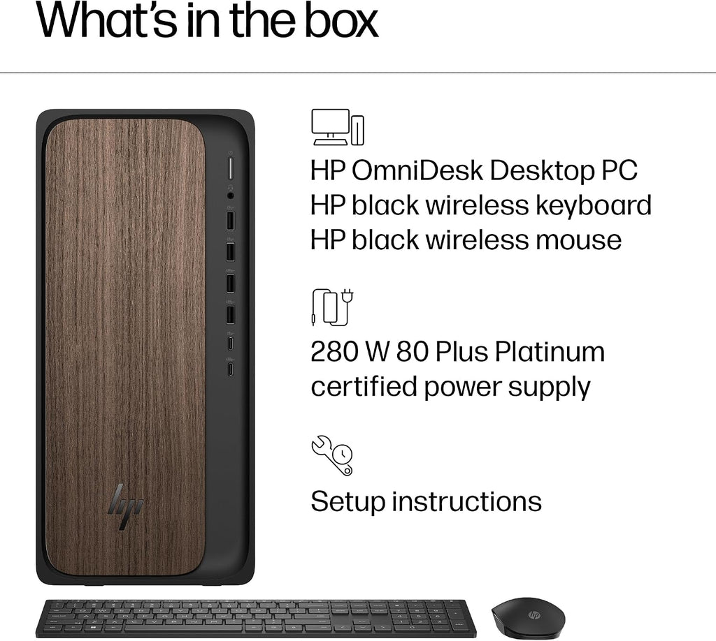 HP OmniDesk Desktop PC, Intel Core Ultra 5 225, 16 GB RAM, 512 GB SSD, Intel Graphics, Windows 11 Home, Microsoft Copilot, Dark Wood, M03-0010 (2025)
