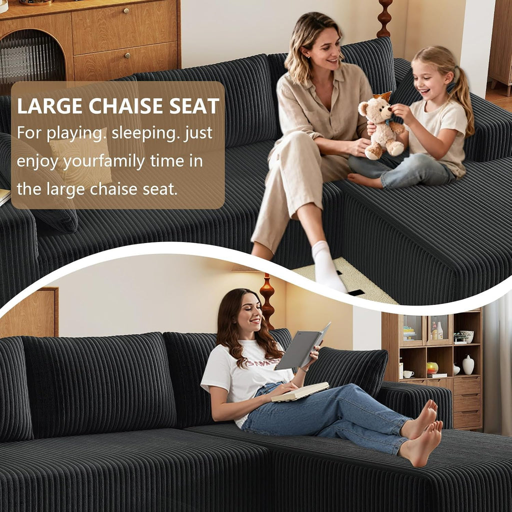 96' Modular Sectional Couch, Boneless L Shaped Cloud Sofa with Chaise Lounge, Corduroy Upholstered Couches Memory Foam Deep Seat, No Assembly Required, Ideal for Living Room(Black, Right Facing)