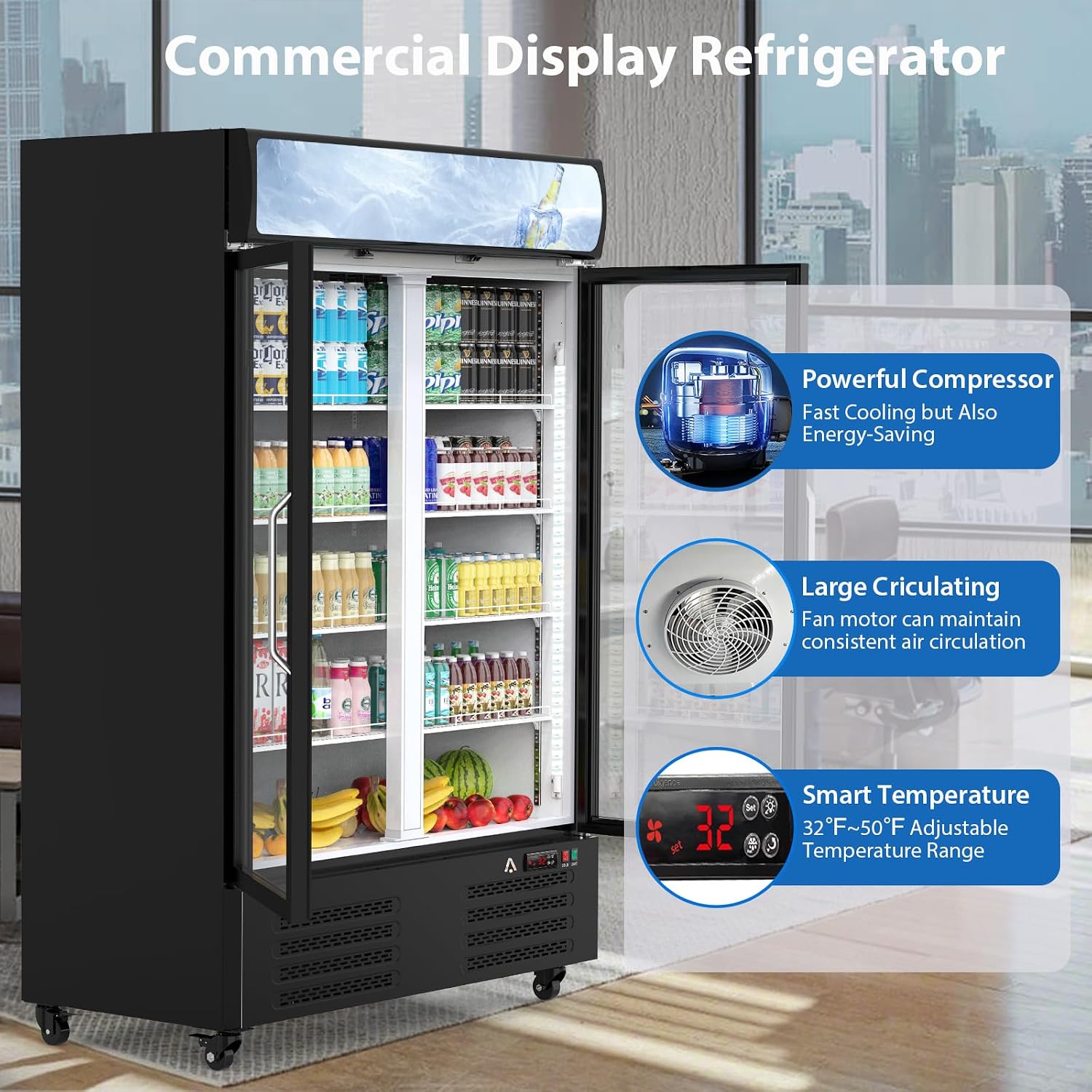 IDEALHOUSE Commercial Glass Door,Beverage Cooler - Upright Display Refrigerator, with LED Lighting for Restaurants, Supermarkets & Cafés | Large Capacity, Adjustable Shelves, Energy Efficient, Black