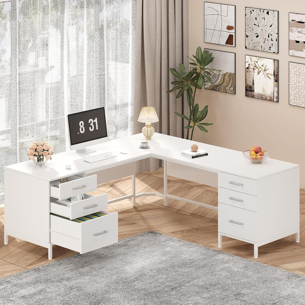 TVU 59'' L Shaped Desk with 6 Wooden Drawers, Large Home Office Corner Computer Desk with Storage File Cabinet, Modern Metal Wood Desk for Executive Writing Study Workstation, White