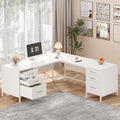 TVU 59'' L Shaped Desk with 6 Wooden Drawers, Large Home Office Corner Computer Desk with Storage File Cabinet, Modern Metal Wood Desk for Executive Writing Study Workstation, White