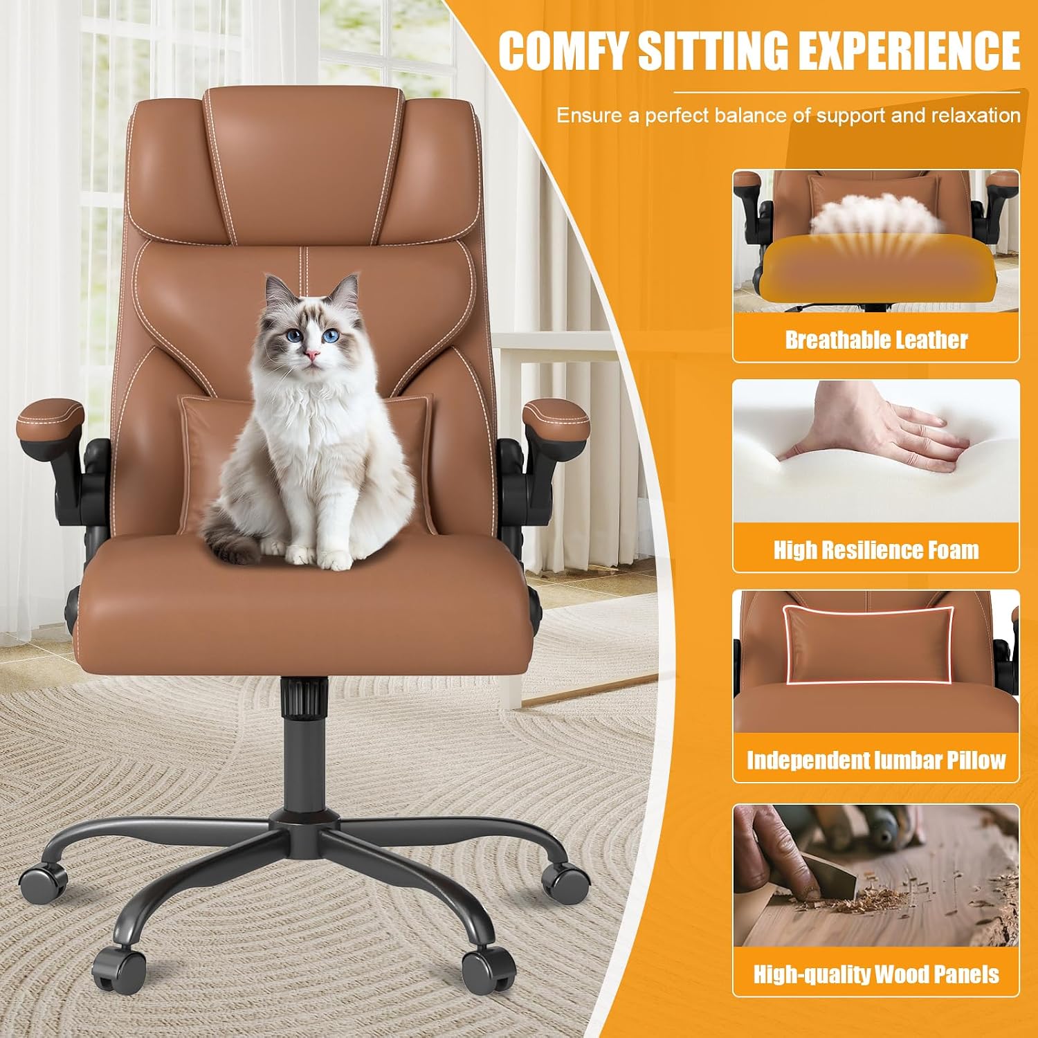 Executive Office Chair with Flip-up Armrests,Ergonomic Computer Desk Chairs,Mid-Tall Back Leather Office Chair 400 Lbs,Lumbar Support Swivel PC Chair with Rocking Function