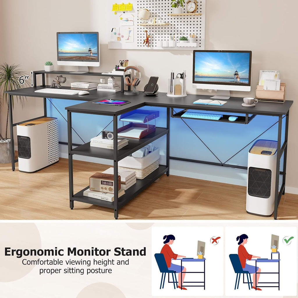 Giantex 94.5' 2 Person Desk with LED Lights, Long PC Study Desk with Storage Shelves, Power Outlets, Keyboard Tray & Monitor Stand, Double Computer Desk Workstation for Home Office (Black)