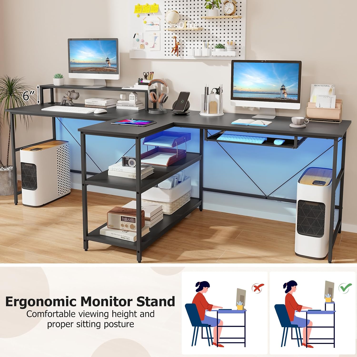 Giantex 94.5' 2 Person Desk with LED Lights, Long PC Study Desk with Storage Shelves, Power Outlets, Keyboard Tray & Monitor Stand, Double Computer Desk Workstation for Home Office (Black)