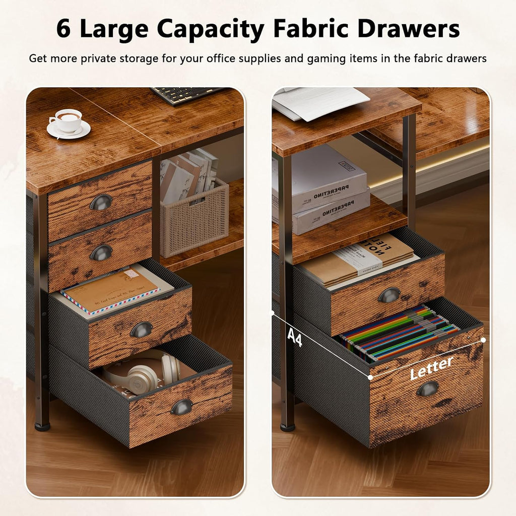 Furologee 95' Two Person Computer Gaming Desk, Long 2 Person Home Office Desk with 6 Drawers & Storage Shelves, Double Table with Power Outlets, LED Lights and Full Monitor Shelf, Rustic Brown
