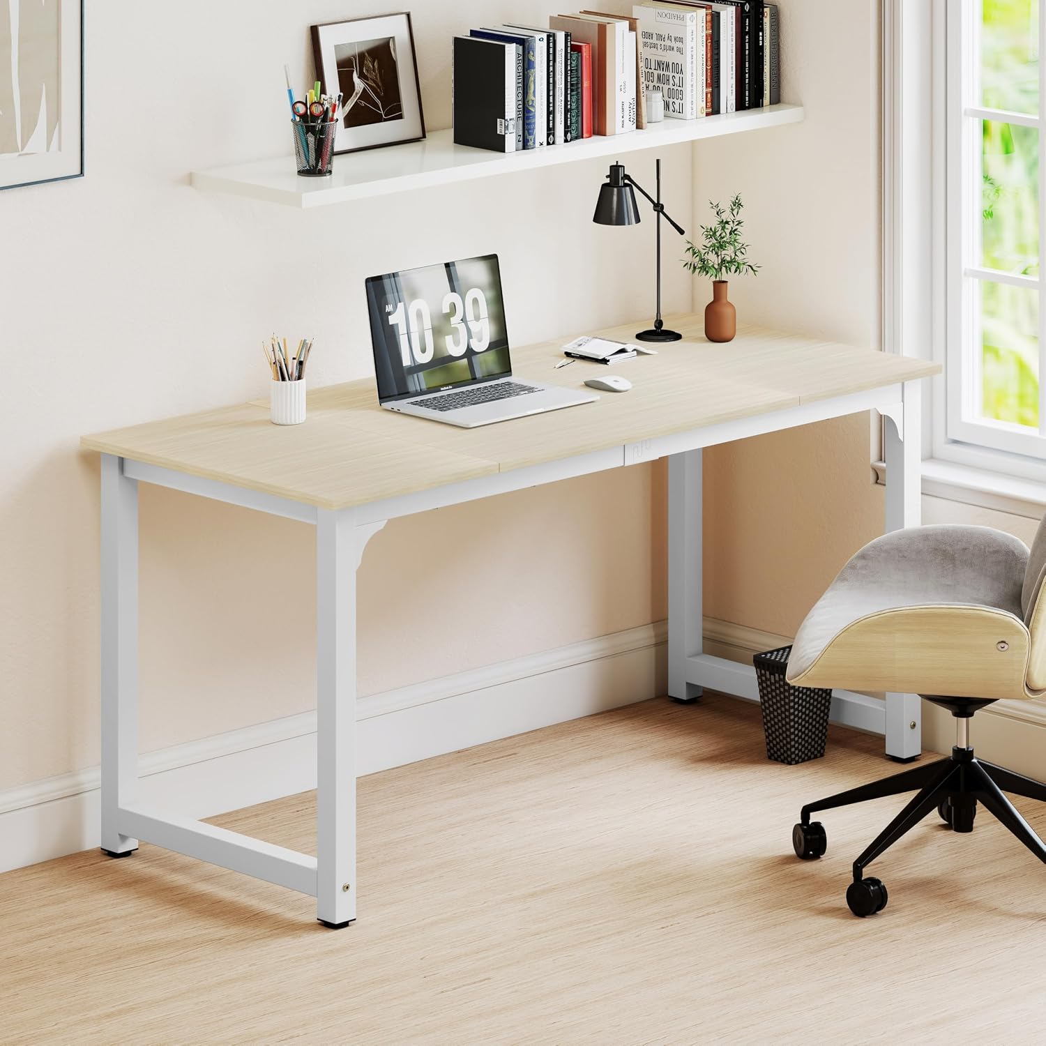 NSdirect Large Office Desk for Home Office, Large 63' Computer Desk Table, Wide Writing Study Desk for 2 Person, Metal Sturdy Frame Thicker Steel Legs, (White Oak, 63'L x 23.6'W x 29.5'H)