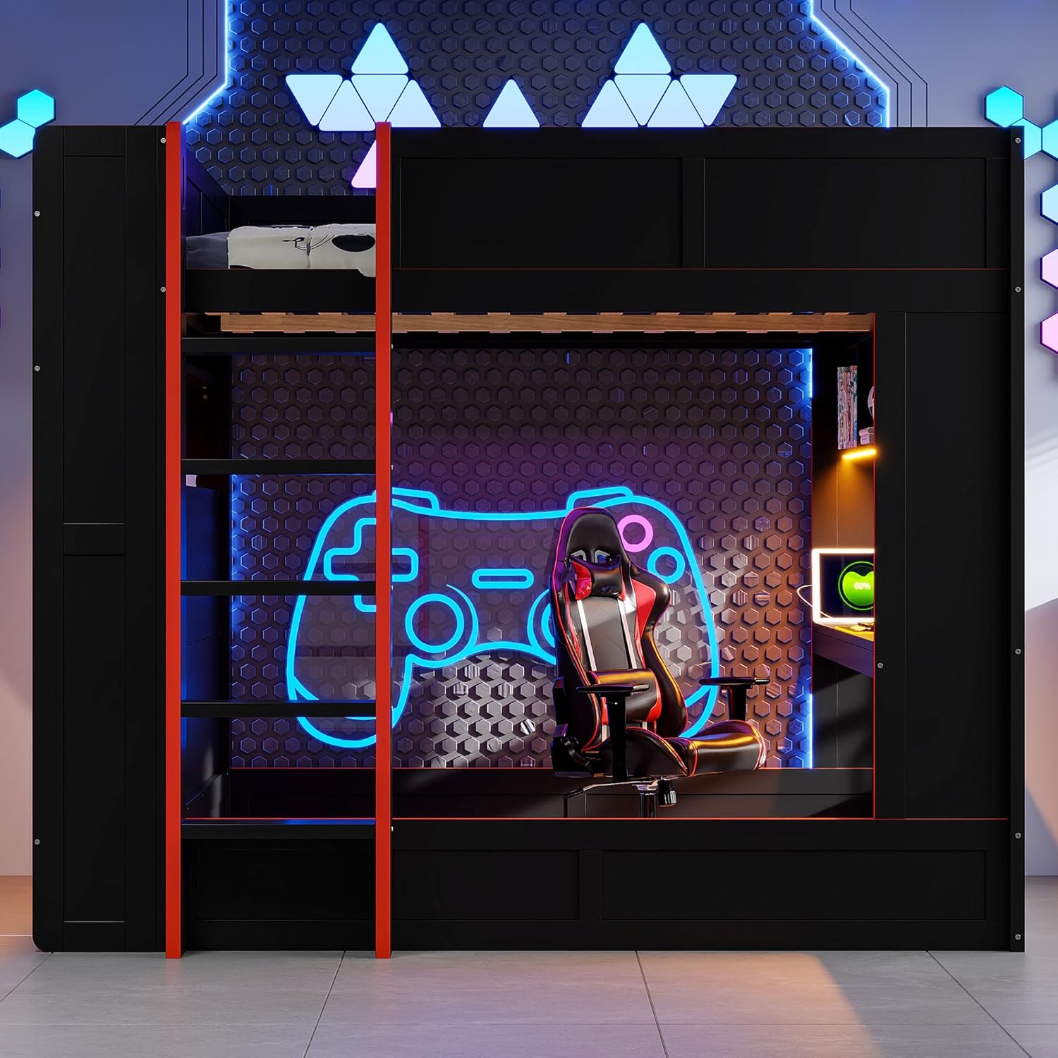 LUMISOL Full Size Gaming Loft Bed with Desk, Wood Bunk Bed Frame with Storage Shelves, LED and Charging Station, Black