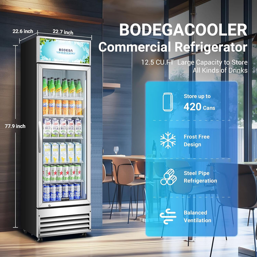 BODEGACOOLER Commercial Merchandiser Refrigerator, 12.5 Cu.Ft Glass Door Display Cooler, Upright Beverage Refrigerator with Soft LED Light, Adjustable Shelves, 4 Heavy-Duty Stainless Steel Casters