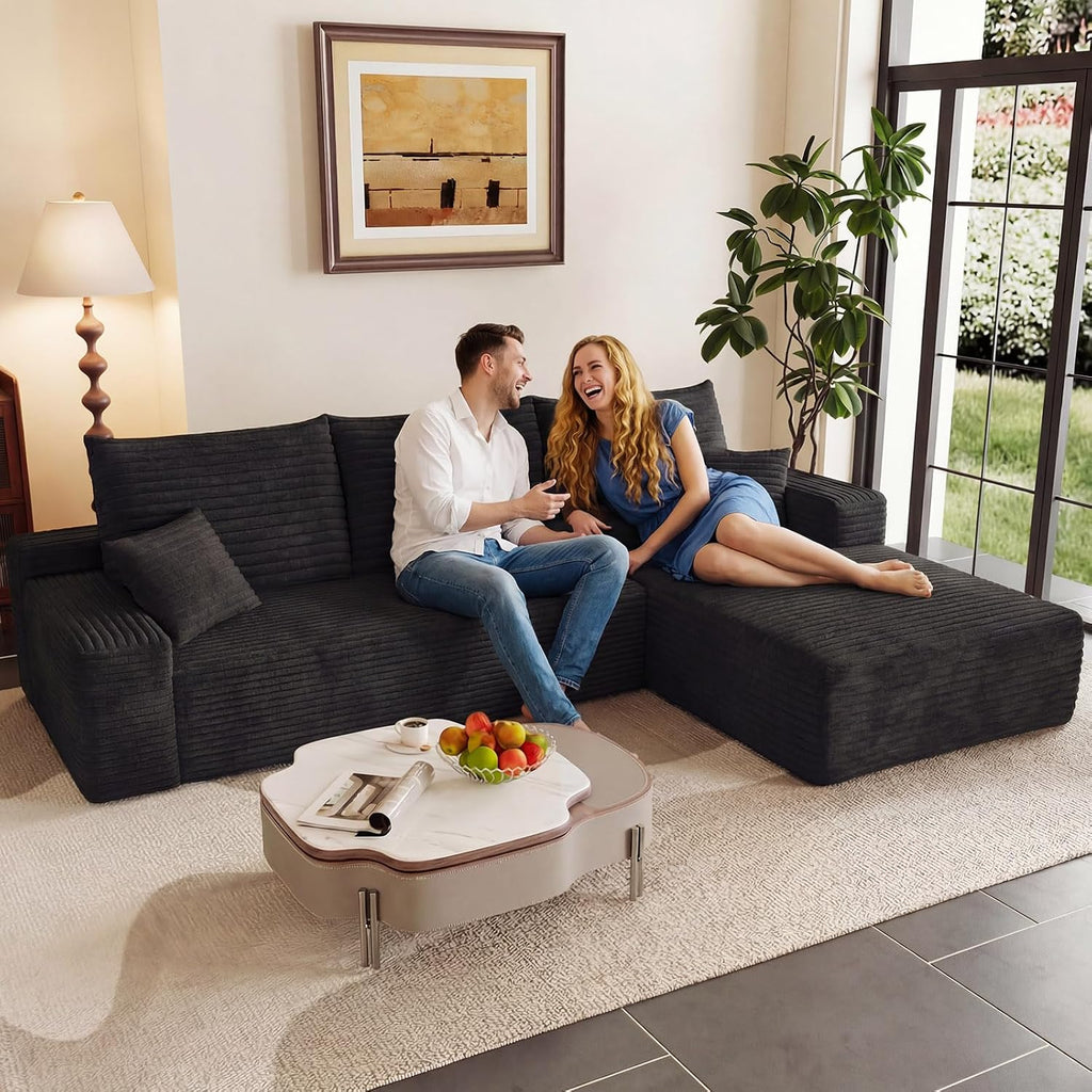 95' Modular Sectional Couch, Boneless L Shaped Cloud Sofa with Chaise Lounge, Corduroy Upholstered Couches Memory Foam Deep Seat, No Assembly Required, Ideal for Living Room(Black, Right Facing)