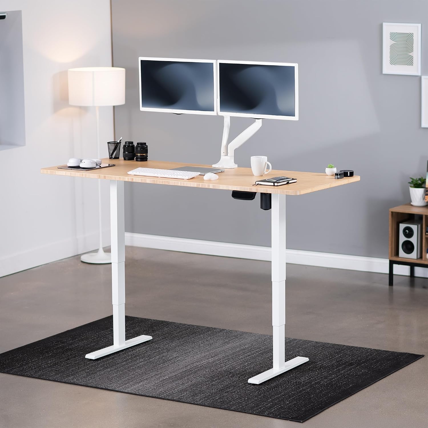 VIVO Electric 71 x 30 in Real Bamboo Standing Desk, Touch Screen Adjustment, 176 lb Frame Support, 2E Series, White Frame, DESK-KIT-2EW71O