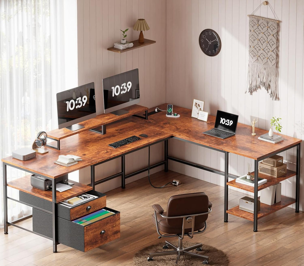 Furologee 66' L Shaped Desk with Power Outlet, Reversible Home Office Desk with File Drawer, 2 Monitor Stands, Storage Shelves, Corner Computer Table for Gaming, Writing, Rustic Brown