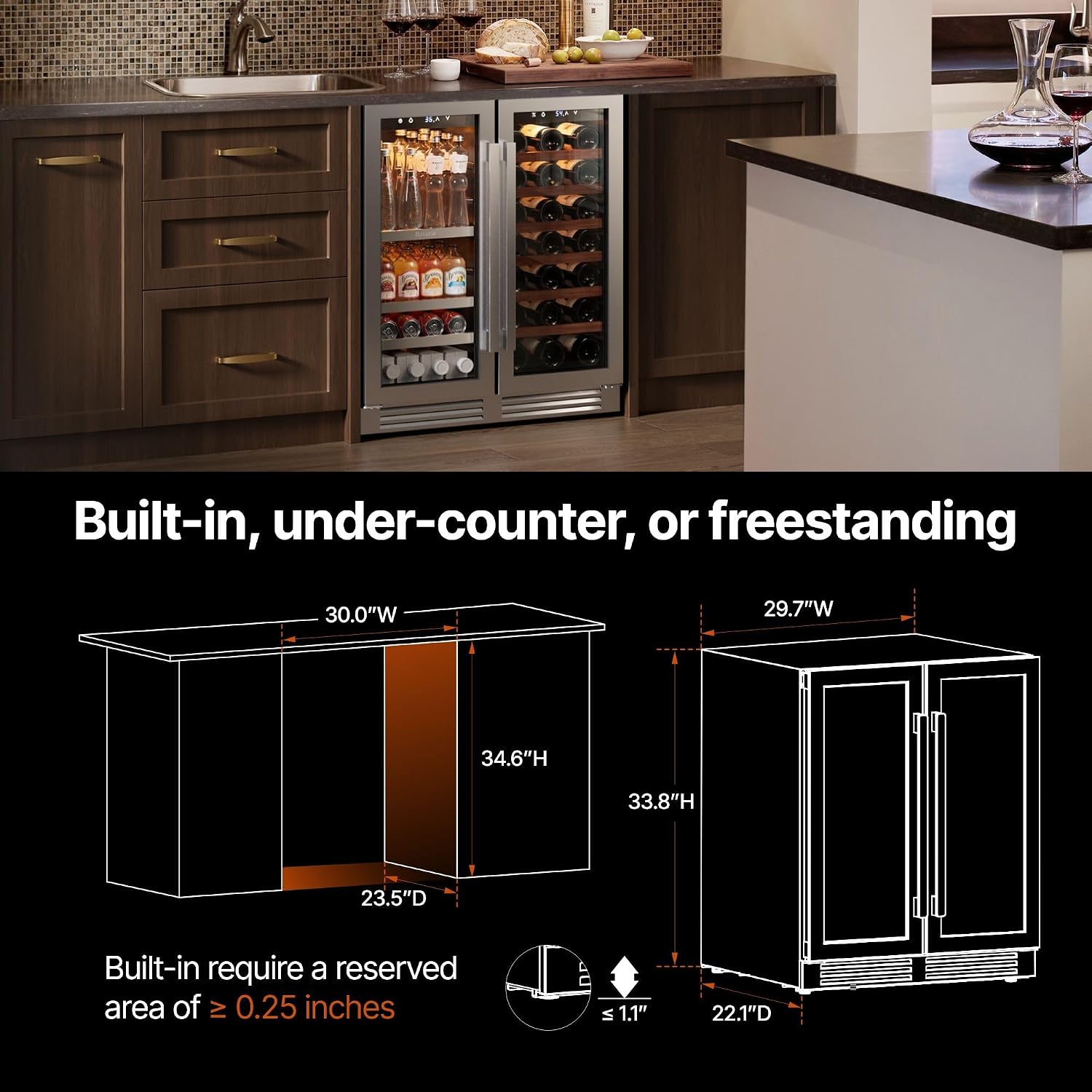 Ca'Lefort 30 Inch Wine and Beverage Refrigerator, Dual Zone 36-72°F Temp Control, Holds 80 Can & 33 Bottle, Adjustable Shelves & 3 LED Light, Built-in Under Counter Freestanding for Home/Kitchen/Bar
