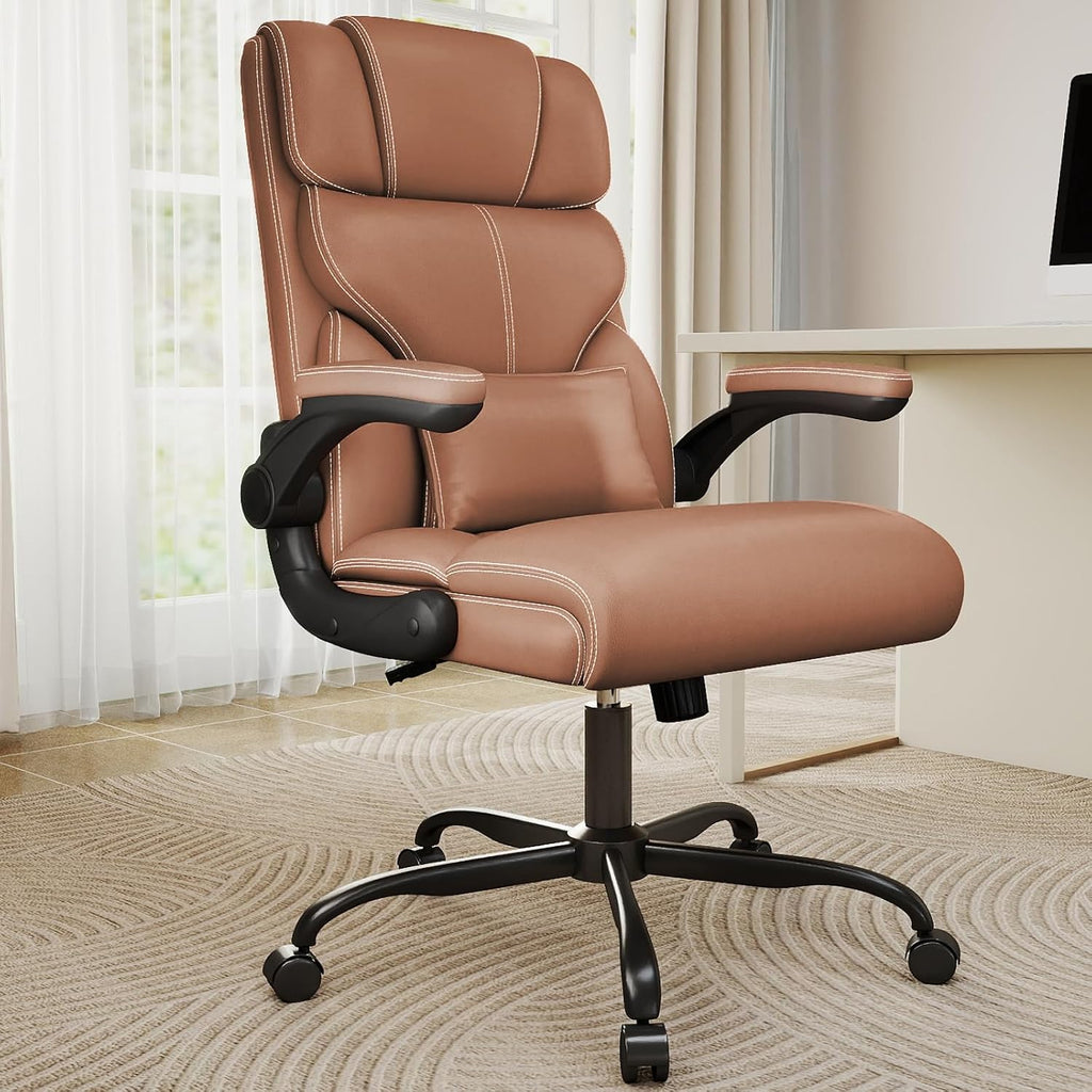 Executive Office Chair with Flip-up Armrests,Ergonomic Computer Desk Chairs,Mid-Tall Back Leather Office Chair 400 Lbs,Lumbar Support Swivel PC Chair with Rocking Function