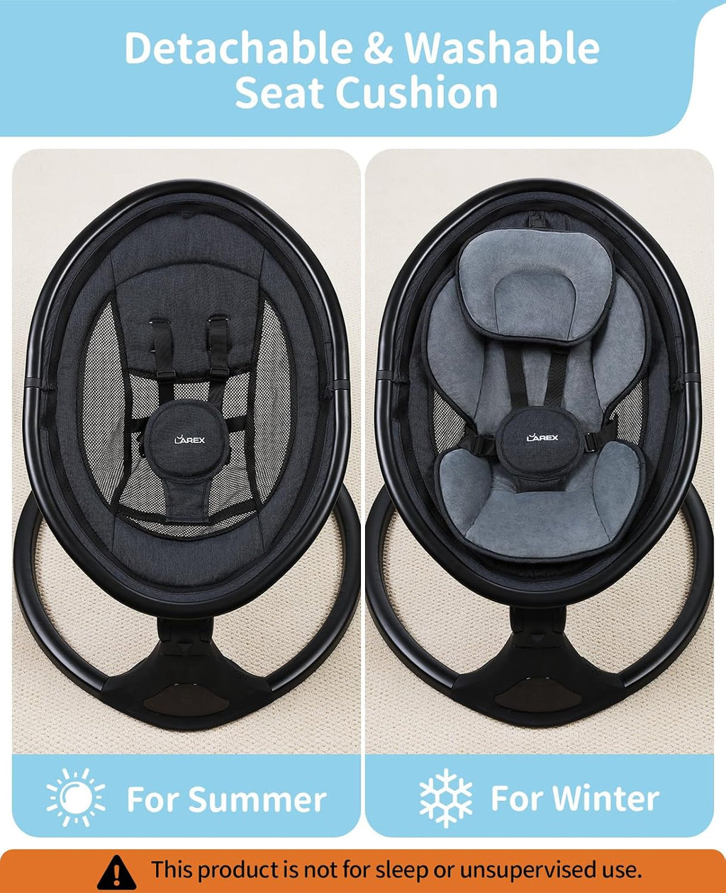 LAREX Baby Swing to Toddler Electric Infant Swing Portable for Newborn Boy Girl, 5 Sway Speeds with Remote Control, 12 Preset Melodies and Bluetooth, 0-6 Months Max 20 Lbs (Modern Black)